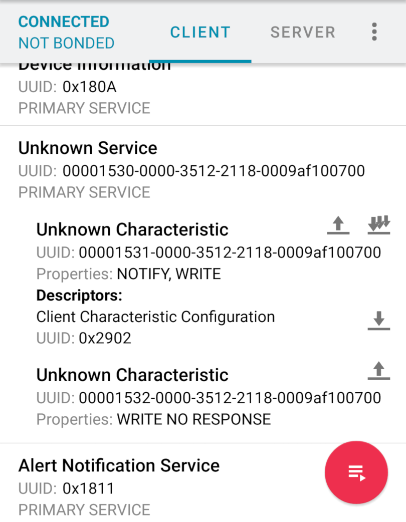 Screenshot from nRF Connect App showing selected service