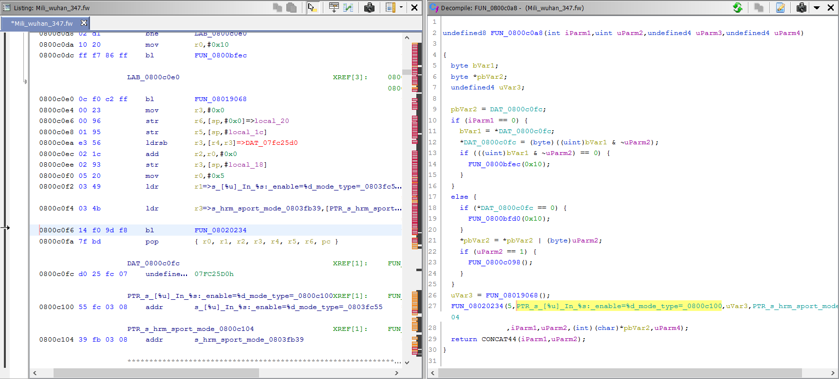 Disassembly of the function using selected format string